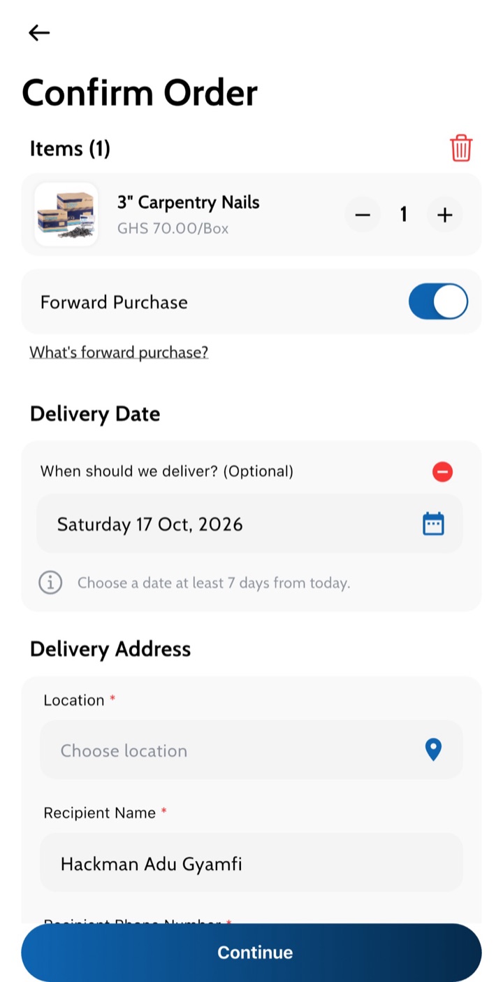 Confirm order screen with Forward Purchase on
