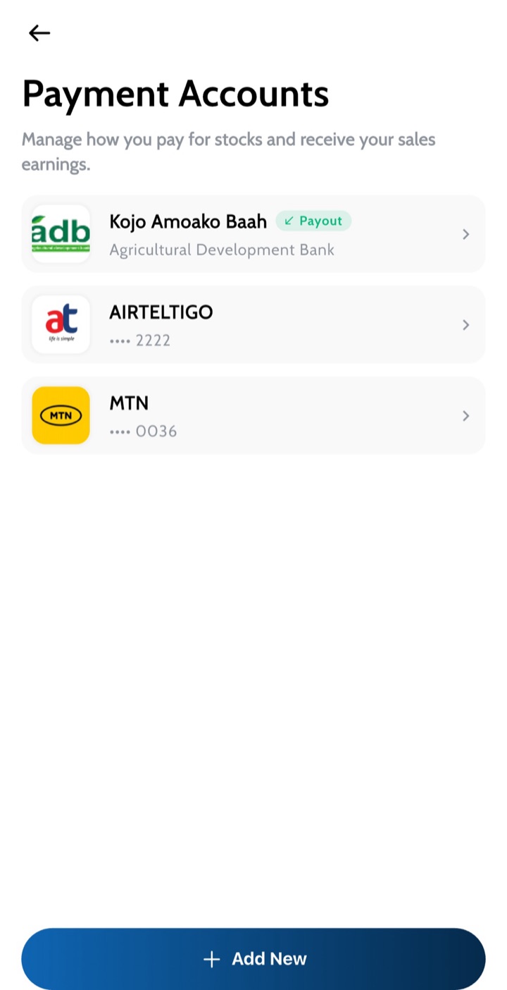Payment accounts screen